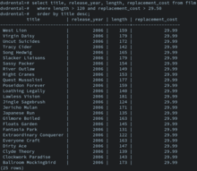 An SQL select statement and its result.