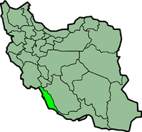 Bản đồ Iran với Bushehr được in đậm.