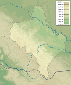 Mapa konturowa obwodu iwanofrankiwskiego, blisko centrum na dole znajduje się punkt z opisem „Wodospad Żeniecki”