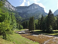 Cours d'eau de montagne serpentant au milieu de prairies vertes et d'arbres épars dans un cirque naturel.