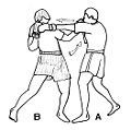 Boxer B uses a bolo punch as an effective counterpunch to a left jab from Boxer A.