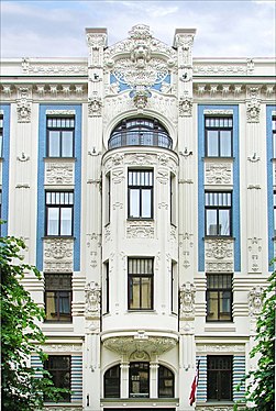 Eclectic Art Nouveau: A building on Alberta iela by Mikhail Eisenstein. Although a popular tourist destination, this very decorated kind of Art Nouveau is not typical for Riga.[33]