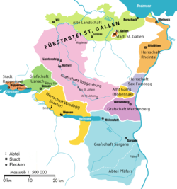 The County of Sargans, shown in turquoise – with the Imperial Abbey of Pfäfers, of which the counts were Vögte, protectors – in the south of this map of what became the canton of St. Gallen