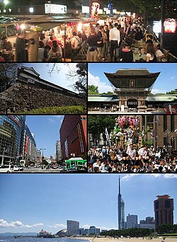 Từ trên bên trái: Yatai ở Nakasu, Tenjin, tháp Fukuoka, lâu đài Fukuoka, trung tâm Fukuoka.