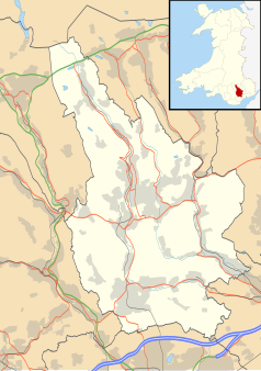 Mapa konturowa Caerphilly, na dole znajduje się ikonka zamku z wieżą z opisem „Zamek Caerphilly”