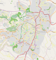 Mapa konturowa Jerozolimy, po prawej znajduje się punkt z opisem „Meczet Al-Aksa w Jerozolimie”