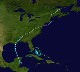 Map plotting the track and the intensity of the storm, according to the Saffir–Simpson scale