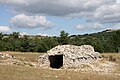 Bergerie des Fraches du Contadour, à Redortiers, dans les Alpes-de-Haute-Provence (fin XIXe siècle, début XXe siècle) : le fronton du pignon-façade et les versants de la toiture ont pâti des escaladeurs