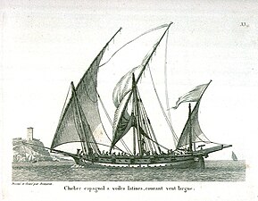 Un chébec espagnol en 1826. L’Espagne est le pays qui a le plus construit de chébecs militaires. Les derniers exemplaires servent comme garde-côtes.