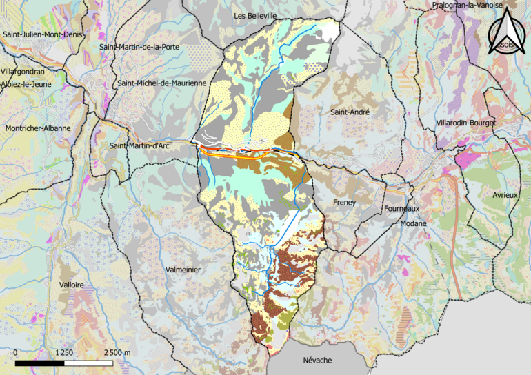 Carte en couleurs présentant les formations des roches du sous-sol de la commune avec des couleurs différentes.