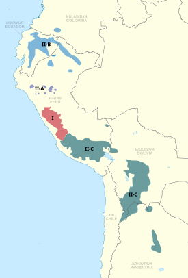 Ketšuan puhuma-alue. Eri variantit merkitty eri väreillä.