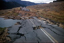 A road that collapsed above a lake