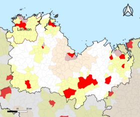 Localisation de l'aire d'attraction de Lannion dans le département des Côtes-d'Armor.