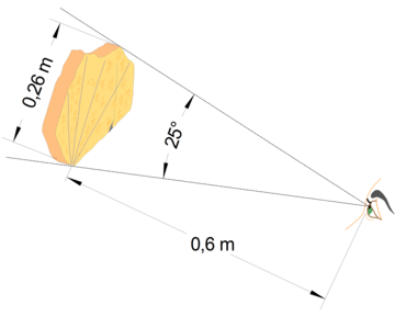 Die geometrischen Verhältnisse beim hier beschriebenen Einpassen der Himmelstafel von Tal-Qadi während einer Beobachtung. Bei einem Betrachtungsabstand von 60 Zentimetern kann die Himmelstafel von altersweitsichtigen Personen auch bei schlechten Lichtverhältnissen ohne eine Sehhilfe scharf gesehen werden, wie zum Beispiel von älteren und erfahrenen Tempeldienern, die die Tafel in Tal-Qadi benutzt haben könnten.