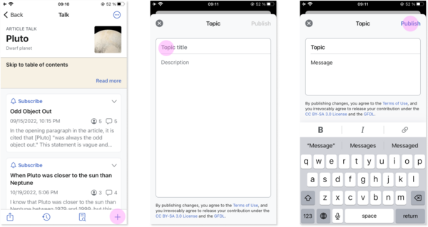 3 screenshots, on the left we see the Talk page for Pluto, with the plus option highlighted. In the center we see a new topic, with a blank page for Topic Title and Description. On the right, we see a highlight on the Publish option.