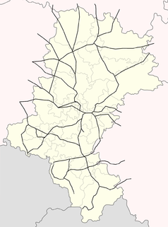 Mapa konturowa województwa śląskiego, blisko centrum na prawo znajduje się punkt z opisem „Jaworzno Azot”