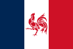 Première proposition de drapeau de la Wallonie (1907) qui est le drapeau tricolore avec le coq wallon en son centre, également utilisé par les partisans de réunion de la Wallonie à la France.