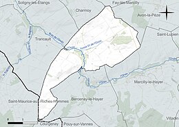 Carte en couleur présentant le réseau hydrographique de la commune