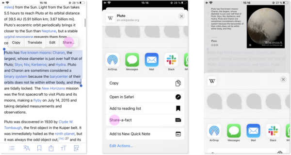 3 screenshots. First shows highlighting text and choosing Share from the menu. Second highlights the "Share-a-fact" option that appears in the menu. Third previews the Share-a-fact image, and gives choices for how to share on social media or in a message.