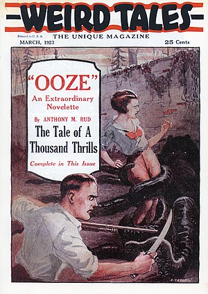 Cover of the first issue of Weird Tales in March 1923. It features a dark-coloured octopus grappling with a woman with an armed man in the foreground. The cover advertises the story "Ooze" by Anthony M. Rud.