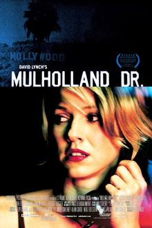 Theatrical release poster showing the film's title against a dark blue image of the Hollywood Sign in Los Angeles atop another still shot of Naomi Watts staring at something off camera toward the left side