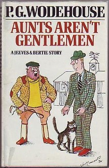 Front cover of first edition. Cover illustration: Major Plank and Bertie Wooster stand outside. A horse stable lies in the distant background. Major Plank, dressed in the equestrian apparel of the English countryside, grips his riding crop as he yells red-faced at Bertie. Bertie looks helpless and gaumless, with his mouth hanging slightly open. He wears a checked, green suit, and reaches weakly toward a cat who is rubbing against his legs.