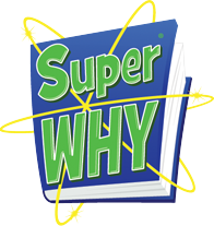 The series' logo. It features the words "Super WHY" written in a green font, with the exclamation point being larger. A blue book with three yellow rings surrounding it is behind the words.