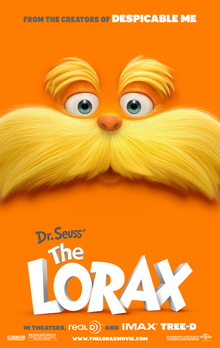 An orange poster with the Lorax's face in the center.