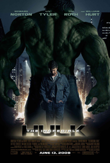 Bruce Banner (Edward Norton) stands with the Hulk facing back, in a city landscape with tanks on the road and helicoters hovering in the sky with spotlights.