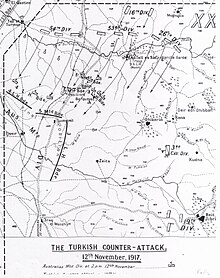 Map shows the positions of the Australian Mounted Division before, during and at the end of 12 November. Also identified are the Ottoman divisions involved and the direction of their attack.