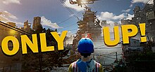 Cover art depicting a boy with a blue hat looking towards a distant, tall structure. There are big, yellow letters in all caps saying "Only Up!".