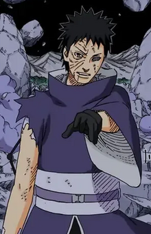 A black-haired, one-eyed, disfigured character in Naruto wearing purple clothing and black gloves