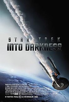 The poster shows a flaming starship falling towards Earth, with smoke coming out. At the middle of the poster shows the title "Star Trek Into Darkness" in dark grey letters, while the production credits and the release date being at the bottom of the poster.