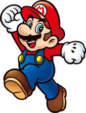 2D illustration of a cartoon plumber with a mustache, a large round nose, a red cap with the letter M, a red shirt, blue overalls, and brown shoes.