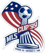 Match logo, featuring the league trophy—a soccer ball on a curved pedestal—surrounded by a simplified American flag with the text "MLS Cup '99".