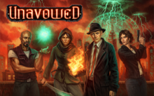 A promotional image of the game. It depicts Logan with KayKay, Mandana, Eli and Vicki from left to right in front of a colorful background with mystical symbols and the game's name in the upper left corner