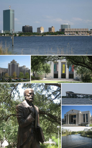 Clockwise from top: Downtown Lake Charles, L'Auberge du Lac Casino, McNeese State University, John McNeese statue, Lake Charles City Court, Henderson Bayou