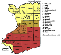 Erie County's municipalities, with the Southtowns shaded; the darker the color the more commonly it is included as a Southtown.