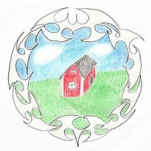 The image features a hand-drawn, circular design containing a simple red house with a grey roof and white windows, set in a green landscape under a blue sky. The scene is framed by a decorative grey border.