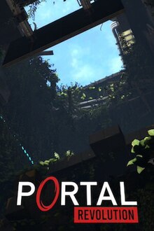 The cover art of Portal: Revolution, depicting the ceiling of a dilapidated test chamber with a large hole which sunlight pours through