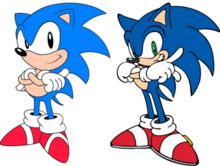 Two anthropomorphic, cartoon blue hedgehogs wearing red shoes. The one on the right is taller and slimmer, while the one on the left is shorter and portly.