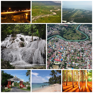 Dari atas searah jarum jam : Jembatan Kota Poso, Sungai di Lembah Napu, Bandara Kasiguncu, Kota Poso, Hutan Pinus di Lore, Pantai Imbo, Gerbang batas Kabupaten Poso, dan Air Terjun Saluopa.