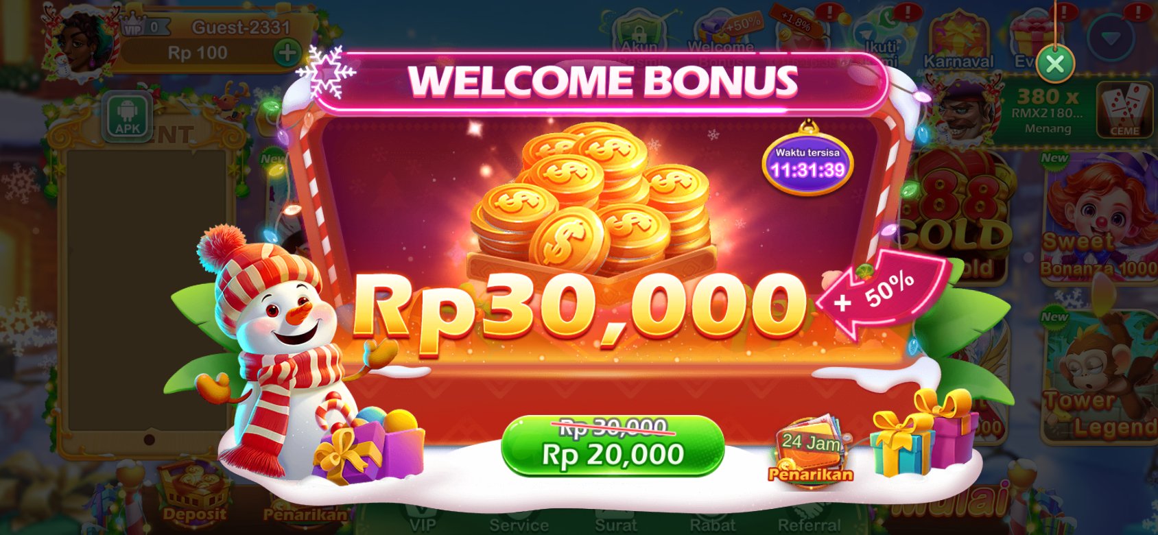 Bonus selamat datang di 3178 dengan tambahan 50% untuk deposit pertama.