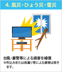 4.風災・ひょう災・雪災　台風・豪雪等による損害を補償。ただし、吹込みまたは雨漏り等による損害は除きます。