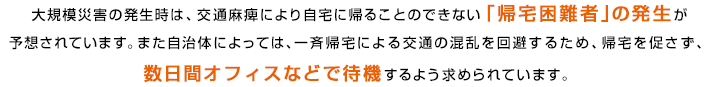 大規模災害の発生時は、交通麻痺により自宅に帰ることのできない「帰宅困難者」の発生が予想されています。一斉帰宅による交通の混乱を回避するため、帰宅を促さず、数日間オフィスなどで待機するよう求められています。