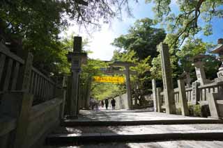 Foto, materiell, befreit, Landschaft, Bild, hat Foto auf Lager,Kompira-san Schrein nhert sich zu einem Schrein, Schintoistischer Schrein Buddhistischer Tempel, torii, steinigen Sie Treppe, Schintoismus