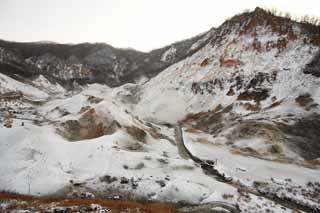 Foto, materiell, befreit, Landschaft, Bild, hat Foto auf Lager,Noboribetsu Onsen-Hlle Tal, heier Frhling, Schwefel, Irdische Hitze, Vulkan