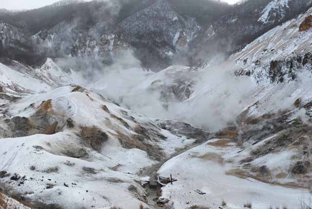 Foto, materiell, befreit, Landschaft, Bild, hat Foto auf Lager,Noboribetsu Onsen-Hlle Tal, heier Frhling, Schwefel, Irdische Hitze, Vulkan