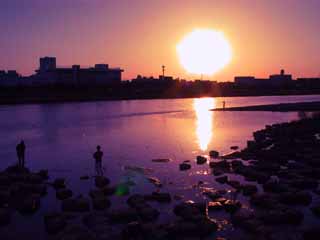 Foto, materiell, befreit, Landschaft, Bild, hat Foto auf Lager,Das Setzen von Sonne vom Tama River, Sonnenuntergang, Fluss, , 