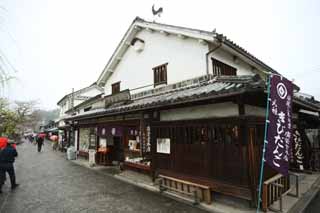 Foto, materiell, befreit, Landschaft, Bild, hat Foto auf Lager,Kurashiki Andenkensgeschft, Andenken, Traditionsarchitektur, Tafel, wall deckte mit quadratischen Ziegeln und verband mit grogezogenem Pflaster